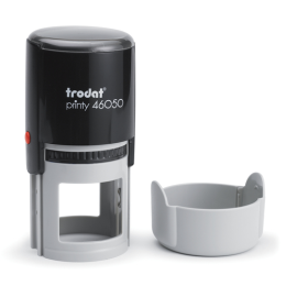 The trodat 46050 (1-5/8" diameter) is a premium, quiet, and durable custom self-inking stamp. The built-in removable ink pad will provide several thousand impressions and is re-inkable for thousands more.